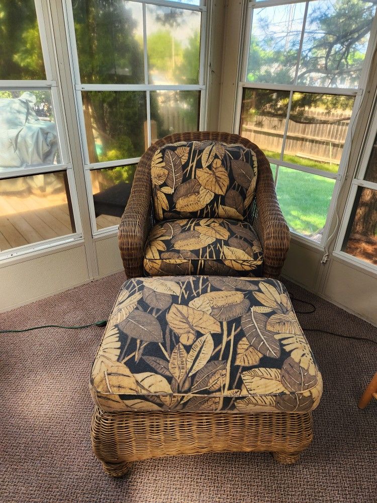 Arm Chair and Ottoman Reupholistered In A Heavy Fabric