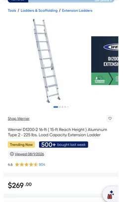 Werner D1200-2 16-ft ( 15-ft Reach Height ) Aluminum Type 2 - 225 lbs. Load Capacity Extension Ladder