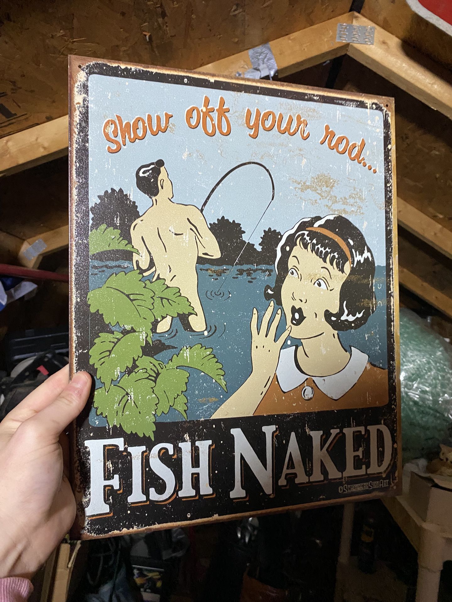 Fish Naked Show Off Your Rod Humorous TIN SIGN Vintage Cabin Poster Decor