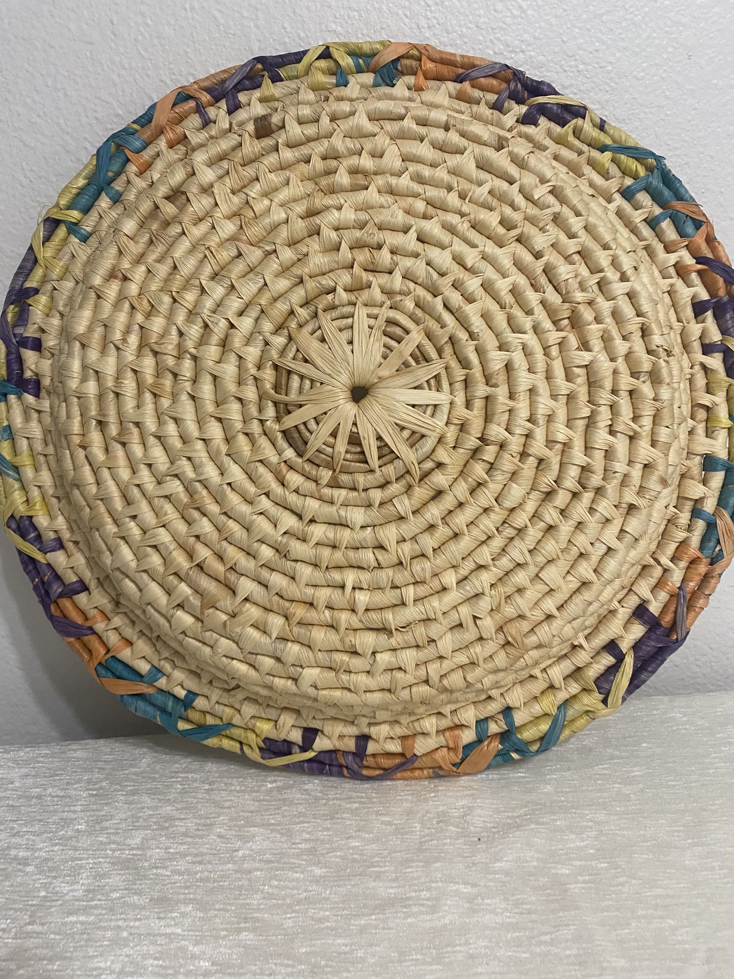 Vintage Hand Woven Round Flat Basket Miri Color