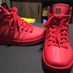 K-Swiss high-top sneakers, featuring a classic all-red design with a gum rubber sole (Size 5 1/2)