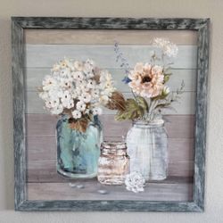 36" X 36" Wall Art - Flowers In Glass Jars w/ Wood Frame 