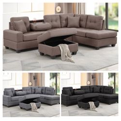BLACK DARK GRAY  DARK BROWN SECTIONAL SOFA REVERSIBLE CHAISE STORAGE OTTOMAN ACCENT PILLOWS BLACK FRIDAY DEAL