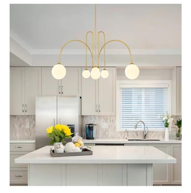 Gold Sputnik 6 Lights Modern Chandelier with Milk Glass Globe Shades for High Ceiling Room