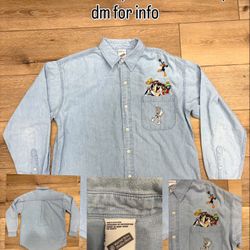 Vintage Looney Tunes blue denim button up shirt