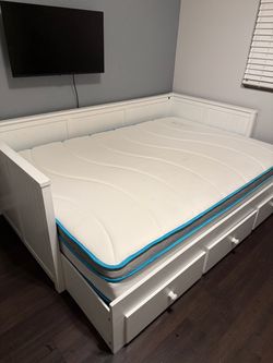 White Wood Bed Frame with Storage Drawers Full Size
