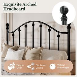 Queen Size Metal Bed Frame with Iron-Art Headboard and Footboard, 12" Under-Bed Storage Space, No Box Spring Needed, Black
