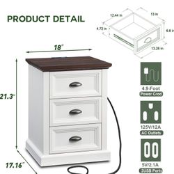 Farmhouse Nightstand with Charging Station, 3 Drawer Dresser for Bedroom, Rustic Wood Bedside Table with Drawers, Small End Table Side Table for Livin