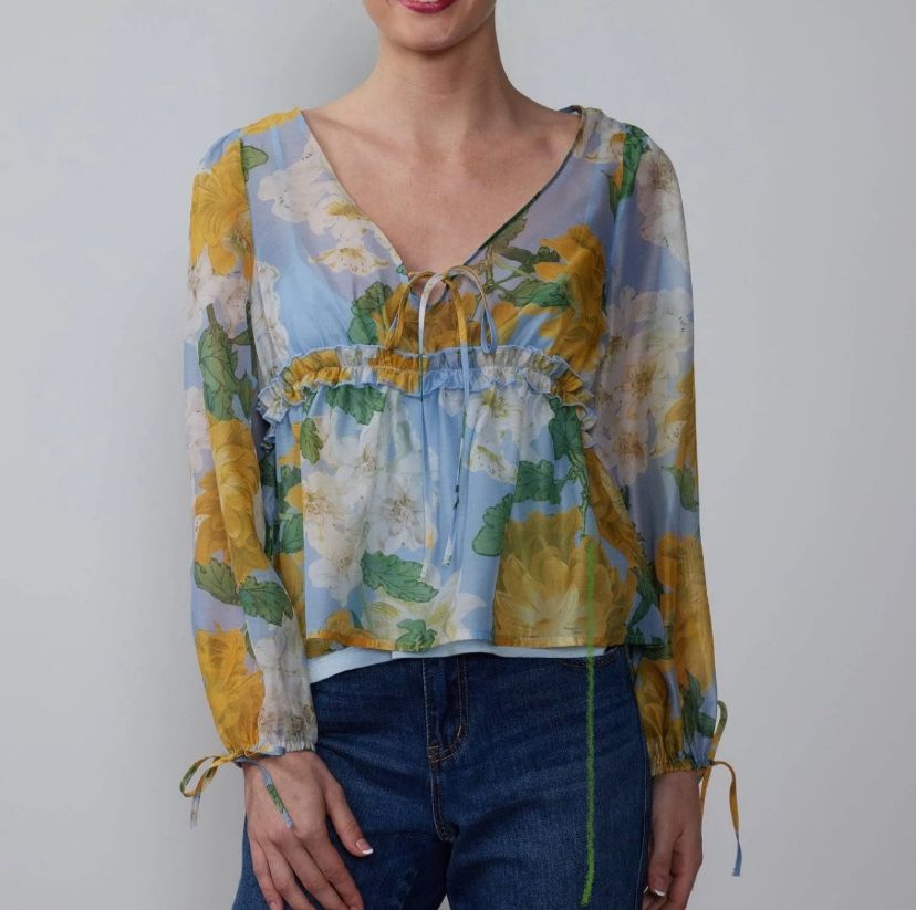 NEW YORK & COMPANY Floral Tie Sleeve Organza Baby Doll Blouse