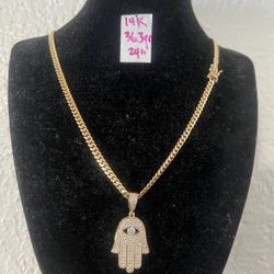 14K Solid Gold 🇨🇺 Links Chain and Pendant CUBIC ZIRCONIUM STONES 36.3Gr 24 Inches Long 