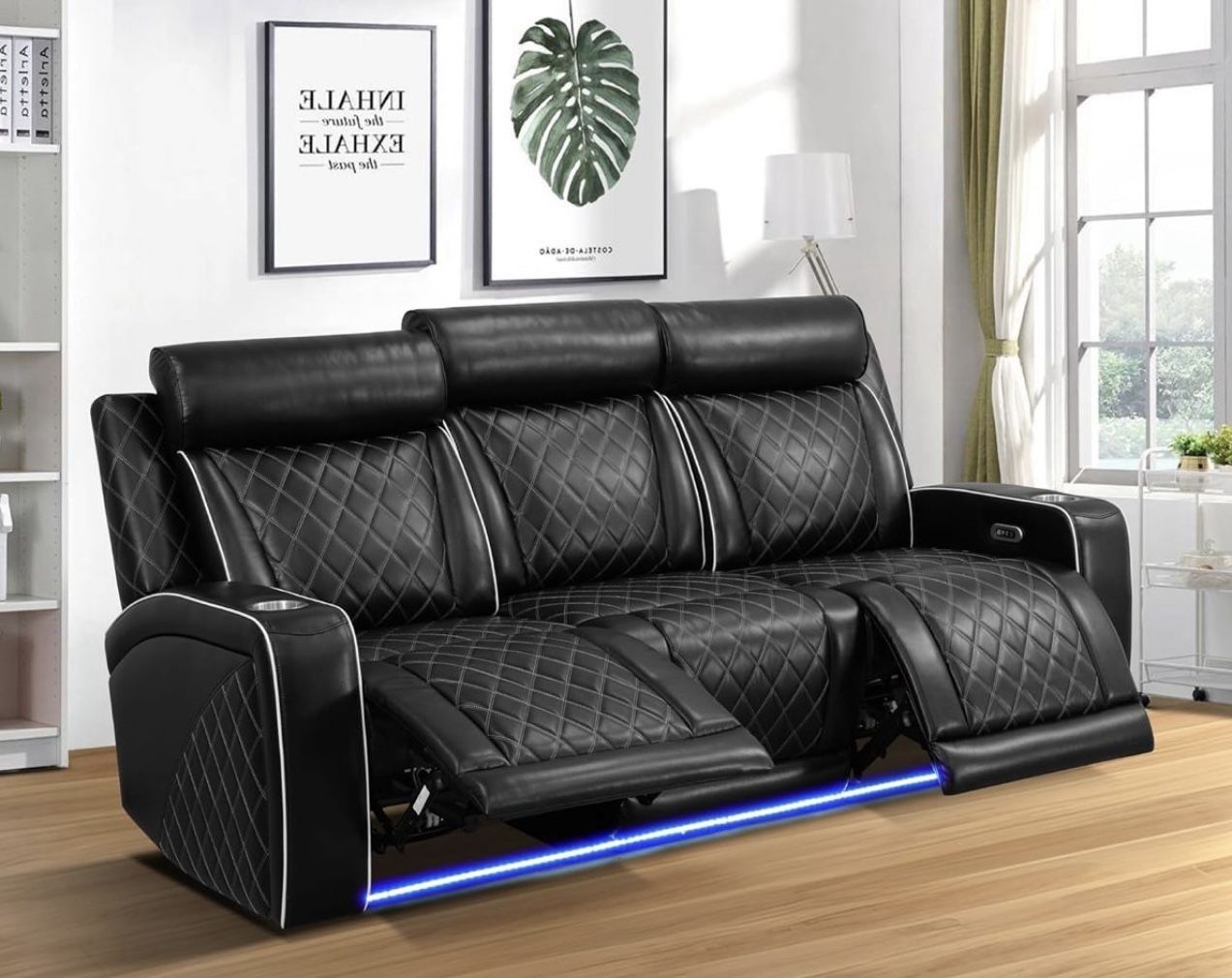 Power Electric Black Leather Fully Reclining Three Piece Couch Set