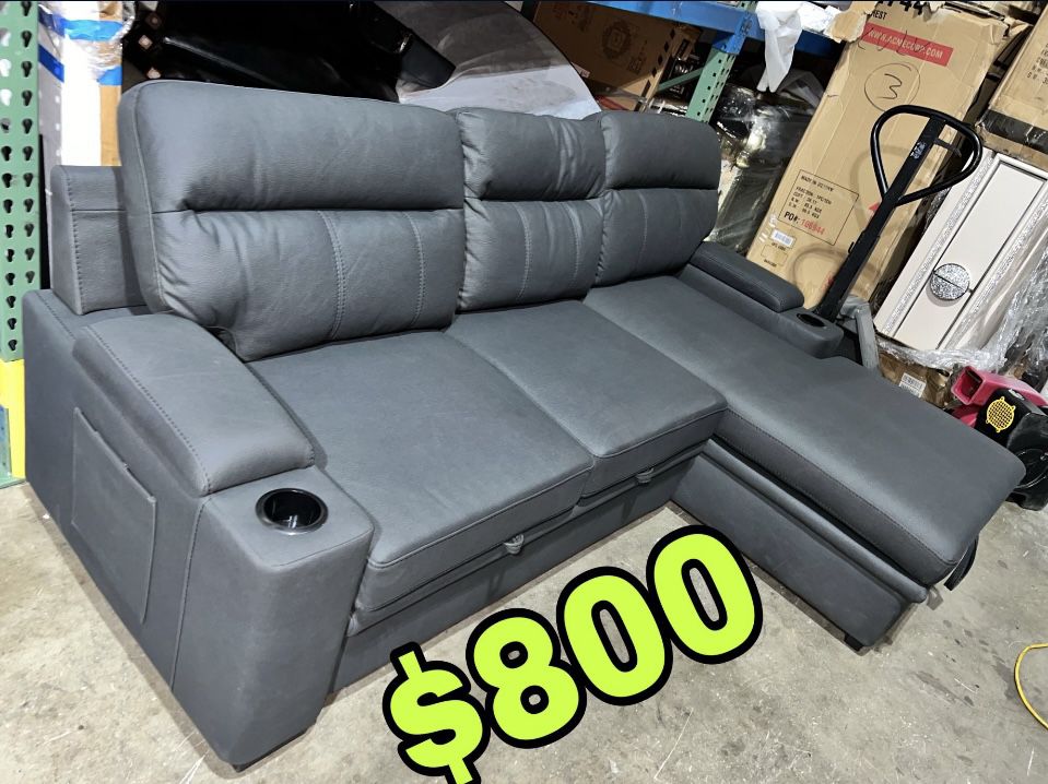 Beautiful New Sectional Sofa Bed W/ Storage Chaise & Storage Arms in Gray-Black Microfiber Only $800!!!