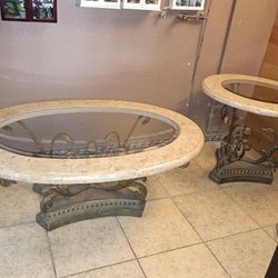 Marble & Glass Coffee Table Set with Ornate Iron Base (2-Piece Set)