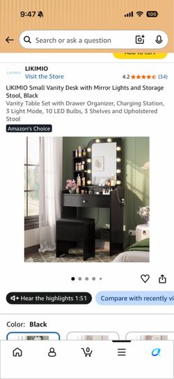 New Black Makeup Vanity with Storage bench and LED Lighting