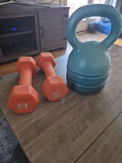 Hand weights and plastic kettle bell