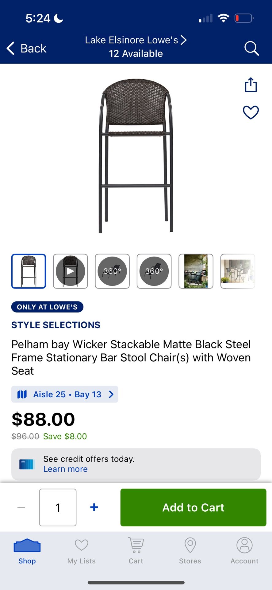 STYLE SELECTIONS Pelham bay Wicker Stackable Matte Black Steel Frame Stationary Bar Stool Chair(s) with Woven Seat