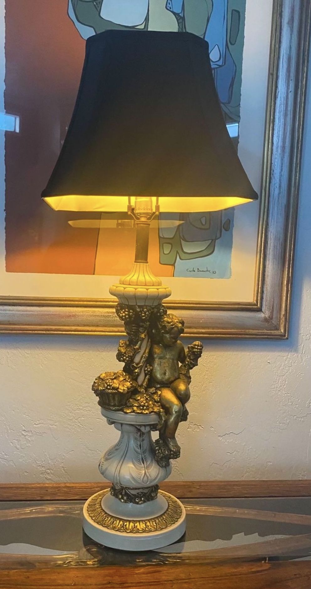 Antique Cast Stone Cherub Cupid Table Lamp