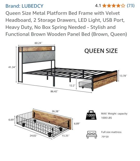 Brand New. Queen Size Metal Platform Bed Frame with Velvet Headboard, 2 Storage Drawers, LED Light, USB Port, Heavy Duty, No Box Spring Needed
