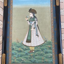 FINE PAINTING VINTAGE 1970s  ART OF INDIAN WOMAN IN SILK HANDMADE - HEIGHT 38” - WIDTH 26”  $800.00