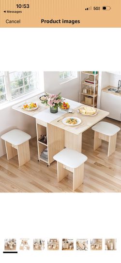 Folding Dining Table Set for 4, Dinner Table with 4 Leather Chairs and Shelves, Space Saving Foldable Dining Table with 6 Wheels, Kitchen Table for Sm