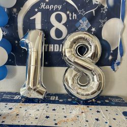 18 Years, Banner, Numbers And 25 Balloons.