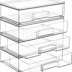 Vtopmart 12.1''W Clear Stackable Storage Drawers,4 Pack Acrylic Plastic Organizers Bins for Makeup Palettes, Cosmetics, and Beauty Supplies,Ideal for