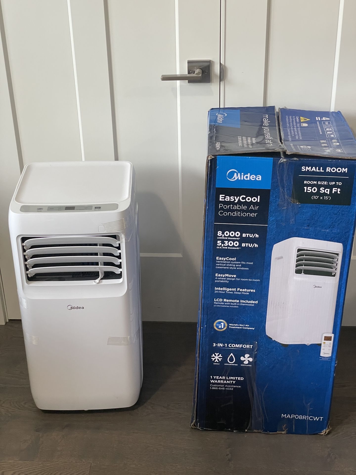 Midea MAP08R1CWT 3-in-1 Portable Air Conditioner, Dehumidifier, Fan, for Rooms up to 150 sq ft, 8,000 BTU (5,300 BTU SACC) control with Remote , White