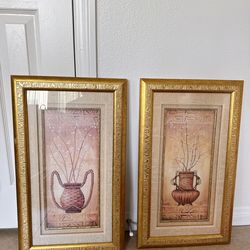 Set of 2 Gold Framed Wall Art – Neutral Floral / Vase Decor