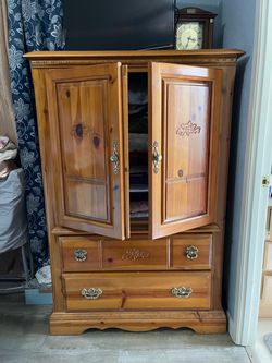 Pinewood Amoire with Matching Decorative Mirror