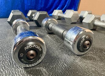 Set of Hex Cast Iron Dumbbells ( light) 12#, 10#, 8# and 5 #   In total: 70 pounds.