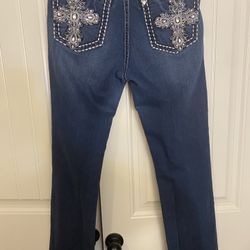 Miss Me Mid Rise Boot Cut Women’s 33x34 Blue Denim Jeans; Rhinestone Cross Embellishments