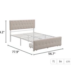Full Bed with Drawers, Upholstered Platform Bed with Headboard, Metal Bed Frame with Storage for Boys, Girls, Kids, Teens, Beige