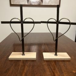2- wooden stands with metal heart