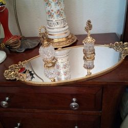 Vintage Vanity Mirror Tray w/ Ornate Gold Ormolu Filigree Rose Frame