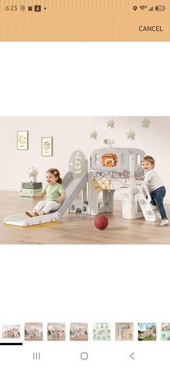 BIERUM 9 in 1 Toddler Slide Set - Baby Slide for Toddlers 1-3 with Ring Toss and Basketball Hoop, Indoor Outdoor Toddler Playset Playground Beige Gray