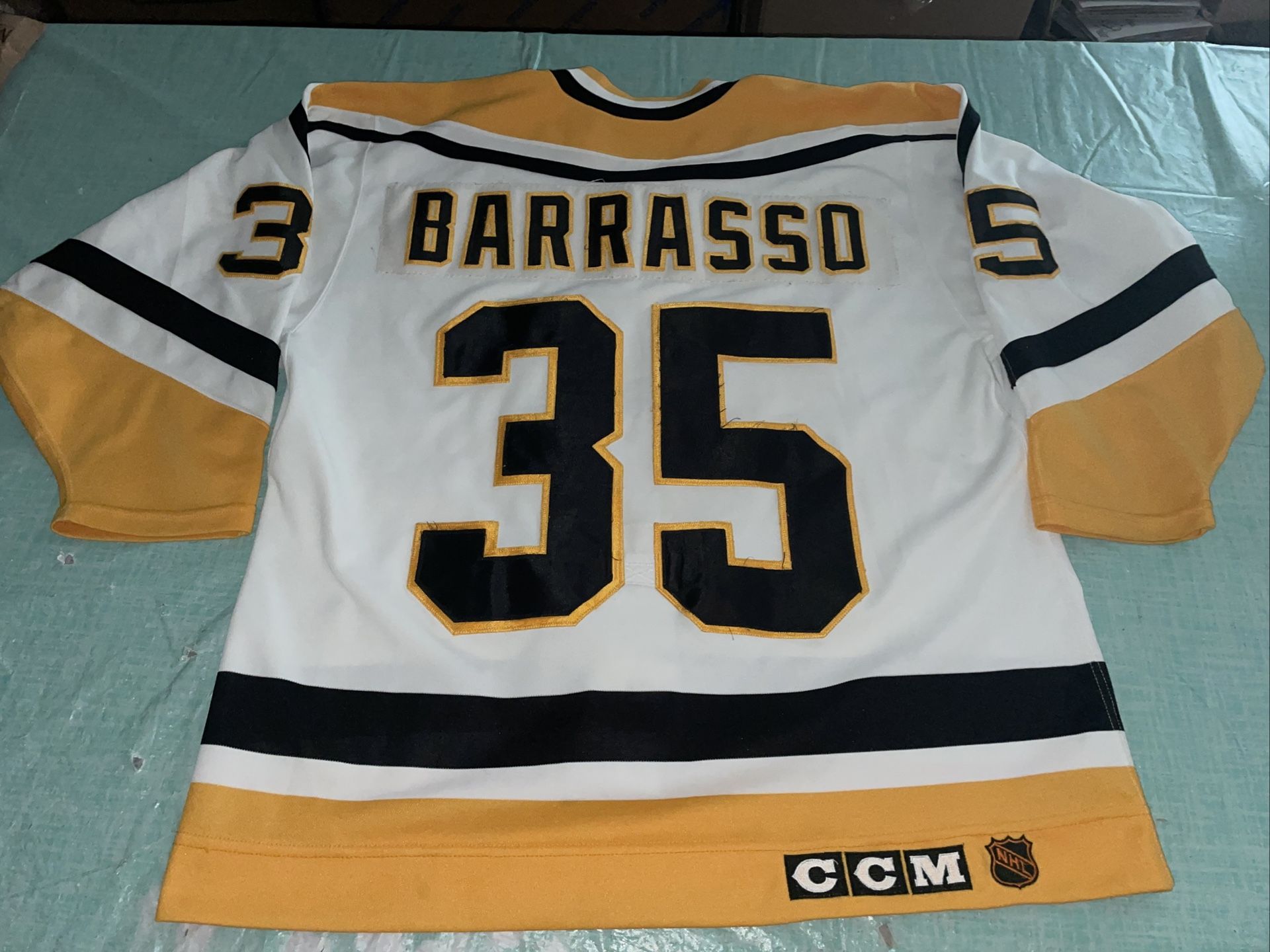 Adult 48 CCM Tom Barrasso Pittsburgh Penguins NHL Jersey Black Pro Mic White