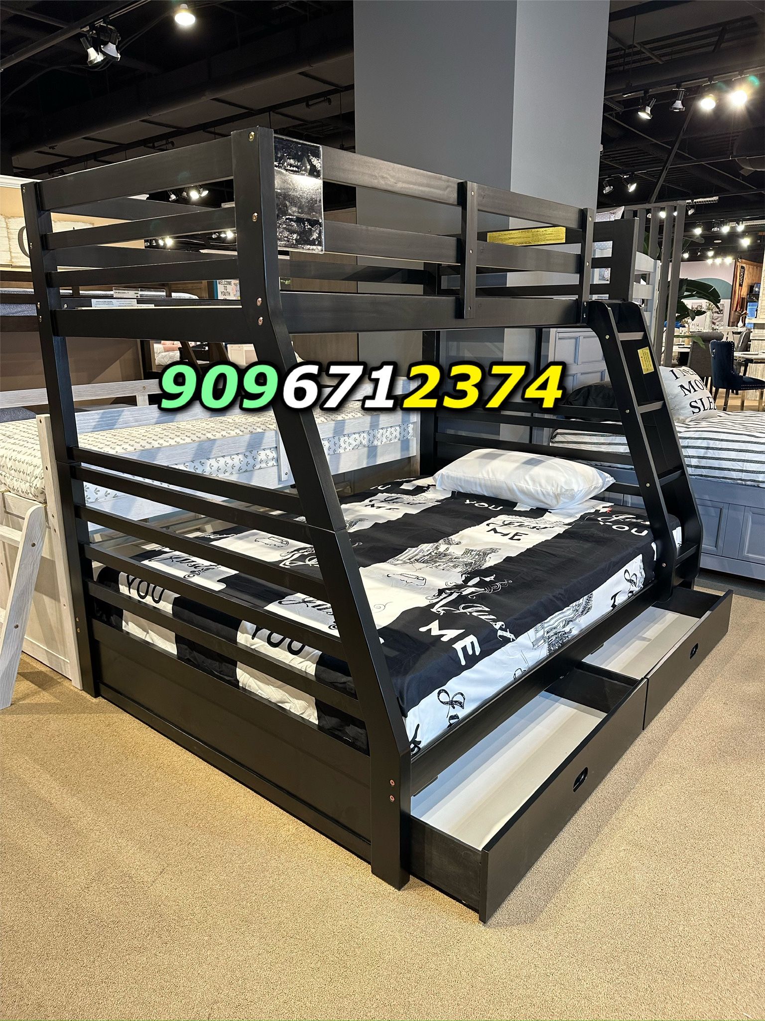 Twin/Full Black Bunk bed w. Drawers & Ortho Mattresses Included 