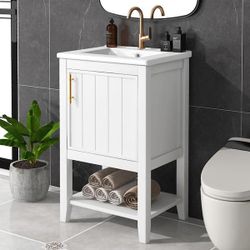 NEW White 20 in. W x 15.5 in. D x 33.5 in. H Single Sink Bath Vanity with Ceramic Top, and Open Shelf