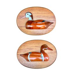 Signed Vintage Hand-Carved Wooden Duck Decoy Wall Plaques – Set of 2 – 11¾" x 9½"