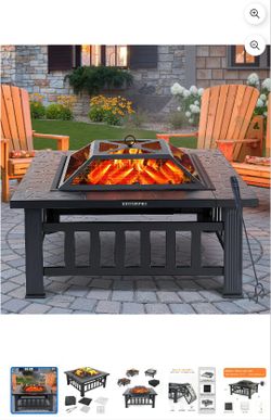 Fire Pits for Outside, 32" Wood Burning Fire Pit Tables with Screen Lid, Poker, BBQ Net, Ice Tray, Food Clip and Cover, Backyard Patio Garden Outdoor 