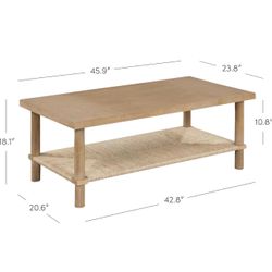 NEW Nathan James Beacon Bohemian Coffee Table with Storage, 2-Tier Rectangle Coffee Table with Solid Wood Legs and Seagrass Shelf, Light Brown 