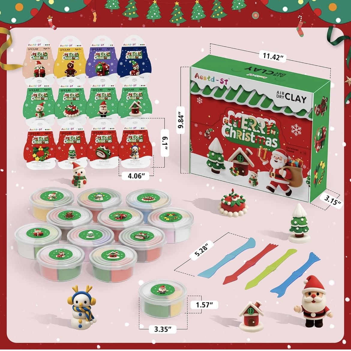 Air Dry Clay Kit - Christmas Theme, Modeling Clay for Kids, DIY Model Magic Clay with Sculpting Tools and Tutorials,12 Boxes Molding Clay, Ultra Light