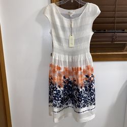 NWT $118 Max Studio Specialty Products White Crew Neck Fit & Flare Dress XS