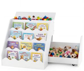 White Kids Bookshelf with Rolling Toy Storage Bin