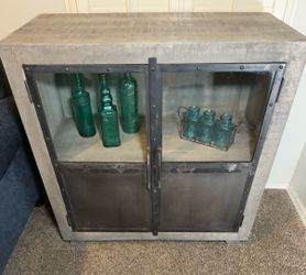 Industrial Gray Wood & Black Metal Glass Door Storage Cabinet