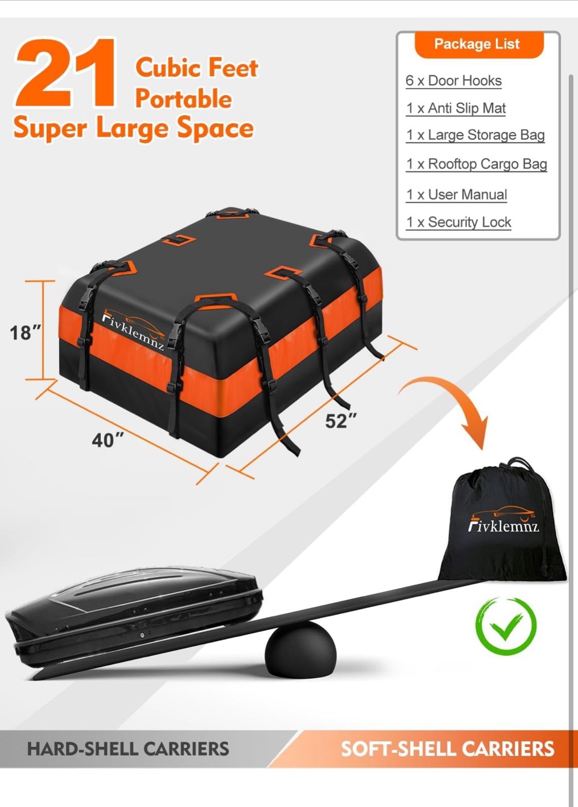 FIVKLEMNZ Car Rooftop Cargo Carrier Roof Bag Waterproof for All Top of Vehicle with/without Rack includes Topper Anti-Slip Mat + Reinforced Straps + 6