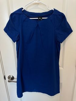 Mango Basics Blue Shift Dress Womens 6 Short Sleeve Pleat Neck Cambodia