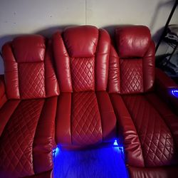 Red Power Reclining Theater Sofa w/ LED Lights, Console & Adjustable Headrests