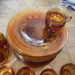 Indiana Glass King's Crown Amber Luncheon Plates and Cups - Thumbprint Design