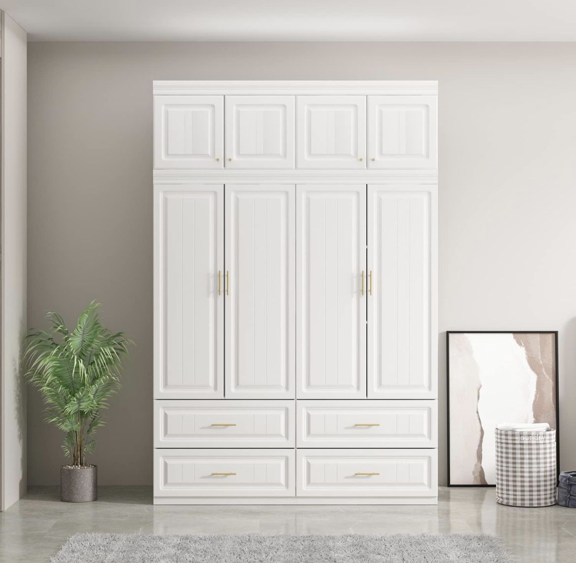 4 Doors Wardrobe Armoire with 4 Drawers, 63" Wide Large Freestanding Armoire Wardrobe Closet with Shelves, Hanging Rod & Top Storage Cabinet, Bedroom 